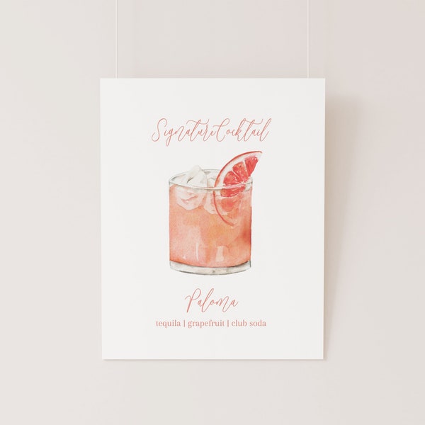 Paloma Signature Cocktail TEMPLATE, Paloma Cocktail Sign, Signature Cocktail Bar Sign, Grapefruit Cocktail, Watercolor Paloma Drink, 8x10