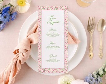 Pink Floral Wedding Menu Template: Spring Dinner (4x9) (Digital Download)