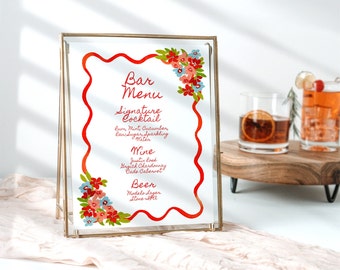 Red Squiggle With Florals Bar Menu TEMPLATE, Loopy Watercolor Bar Sign, Wavy Border, Squiggle, Printable Bar Menu, Wedding Bar, 8x10