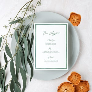 Plantilla de menú de cena con marco de salvia de acuarela, marco de acuarela verde claro, menú moderno, imprimible, tarjeta de menú de boda, 5x7