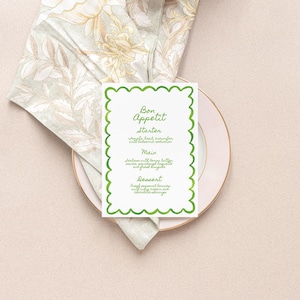 MODELLO di menu per cena con bordo a conchiglia verde, menu ad acquerello ad anello, scarabocchio verde, menu moderno ondulato, menu stampabile, menu per matrimonio, 5x7