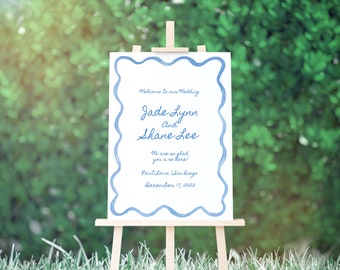 Light Blue Squiggle Watercolor Welcome Sign,  Wavy Blue Watercolor Frame, Watercolor Edge, Look of Custom, Printable, Wedding Sign, 18x24