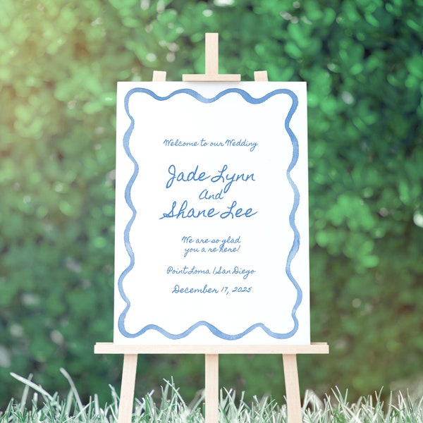 Light Blue Squiggle Watercolor Welcome Sign,  Wavy Blue Watercolor Frame, Watercolor Edge, Look of Custom, Printable, Wedding Sign, 18x24