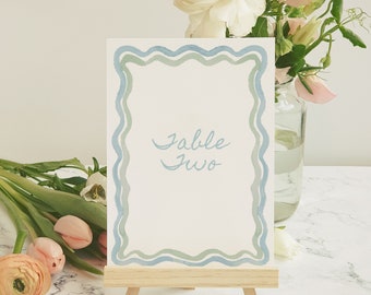 Watercolor Scallop Edge Table Number TEMPLATE, Blue Green Color Table Cards, Squiggle Design, Wavy Design, Printable  5x7