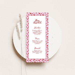 Modello di menu per matrimonio in ciliegio: stampabile in rosa e rosso, 4x9 (download digitale)