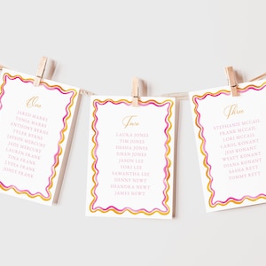 Gráfico de asientos Sherbet Squiggle, gráfico de asientos de tarjetas, plantilla de asignación de mesa imprimible, número de tarjeta de mesa. Asientos para bodas modernos, 5x7