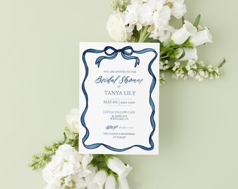 Blue Bow Bridal Shower Invitation, EDITABLE TEMPLATE, Printable, Watercolor Ribbon Invitation Wedding Shower, Paperless Post, 5x7