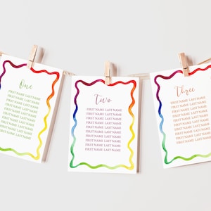 Sitzplan Karten Regenbogen Kringel Vorlage, Regenbogen Jakobsmuschel, moderne gewellte, Regenbogen Aquarell, Hochzeit Tischkarten, Printable, 5x7