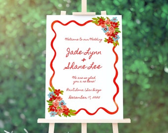 Light Red Squiggle Watercolor Welcome Sign,  Red Pink and Blue Florals, Watercolor Edge, Look of Custom, Printable, Wedding Sign, 18x24