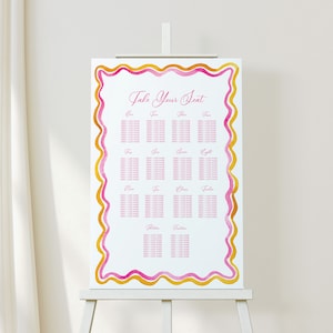 Plantilla de gráfico de asientos garabateados, rosa y amarillo, asientos de boda imprimibles, acuarela, disposición de asientos de mesa, moderno, 24x36