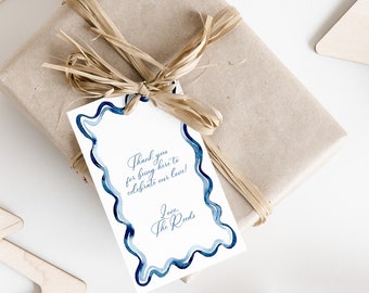 Plantilla de etiqueta de regalo de garabato de acuarela azul, marco de acuarela, etiqueta de regalo imprimible, etiqueta de regalo de boda, 2x3.5