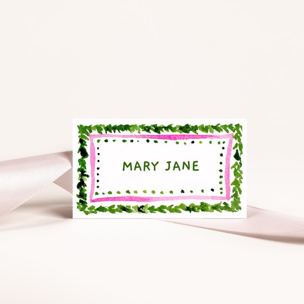 Pink and Green Watercolor Frame Name Card, Template, Greenery border, Handwritten, Printable Flat and Foldover,  Look of Custom, 2x3.5