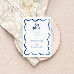 Modèle de menu de dîner de bord de pétoncle d'aquarelle, menu d'aquarelle de Loopy, menu ondulé bleu moderne, menu de mariage, imprimable, carte de menu de mariage, 5x7