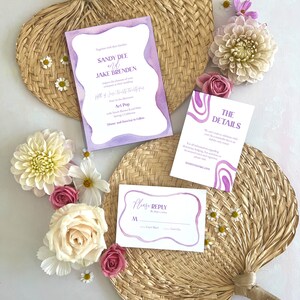Purple Squiggle Design Wedding Invitation TEMPLATE, Funky retro watercolor, Lilac color invitations, purple wedding, palm springs, Scallop image 10