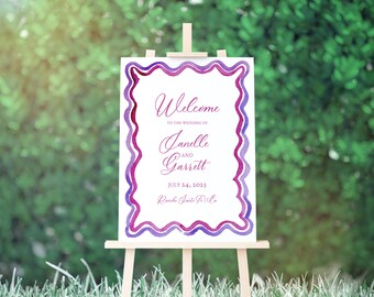 Watercolor Squiggle Welcome Sign, Lavender and Magenta Scallop Edge Design, Printable Welcome Sign, Modern Fun Wedding, Purple 18x24"