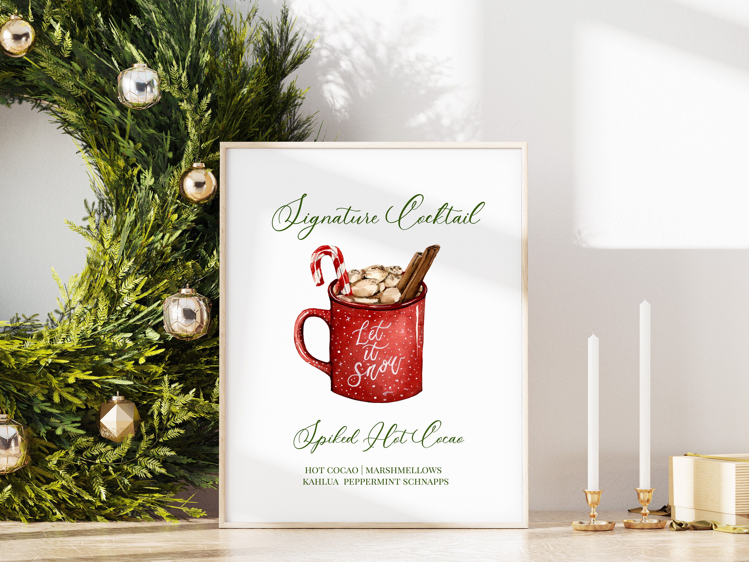 Hot Cocao Signature Cocktail TEMPLATE, Printable Holiday Cocktail, Hot Coco Christmas Mug Watercolor, Signature Cocktail, 8x10