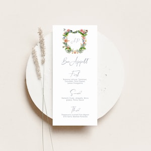 MODELO de menu de casamento, cartão de menu imprimível, menu de jantar com tema tropical, modelo de cartão de menu, menu de casamento com crista em aquarela, cartão de menu 4x9