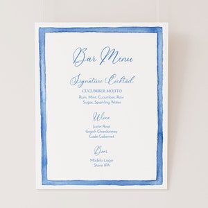 Watercolor Blue Frame Bar Menu Template: Wedding Bar Sign (8x10, 11x14 ...