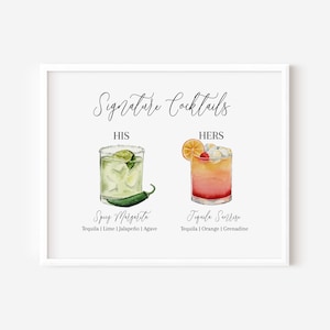 His and Her Signature Cocktail TEMPLATE Watercolor, 24 Cocktails, Mojito, Moscow Mule, Margarita, Paloma, Tequila Sunrise, Old Fashioned