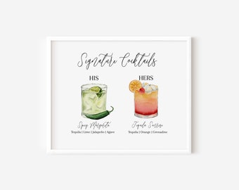 His and Her Signature Cocktail TEMPLATE Watercolor, 24 Cocktails, Mojito, Moscow Mule, Margarita, Paloma, Tequila Sunrise, Old Fashioned