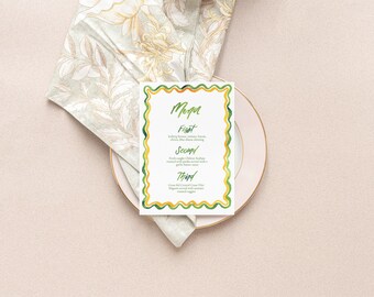 Plantilla de menú de boda con bordes ondulados en acuarela: verde y naranja (imprimible, 5x7)