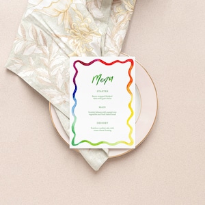 Rainbow Scallop Edge Dinner Menu SJABLOON, Modern Golvend Menu, Rainbow Aquarel Menu, Bruiloftsmenu, Afdrukbaar, Bruiloftsmenu, 5x7