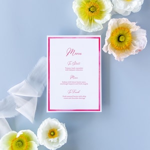 Hot Pink Dinner Menu TEMPLATE, Pink Watercolor Frame, Modern Menu, Printable, Wedding Menu Card, 5x7