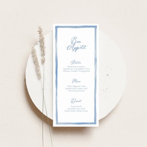 Szablon menu obiadowego w niebieskiej ramce akwarelowej, jasnoniebieska ramka akwarelowa, długie nowoczesne menu, do druku, karta menu weselnego, wygląd niestandardowy, 4x9