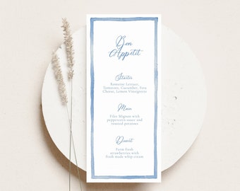 Watercolor Blue Frame Dinner Menu TEMPLATE, Light Blue Watercolor Frame, Long Modern Menu, Printable, Wedding Menu Card, Look of Custom, 4x9