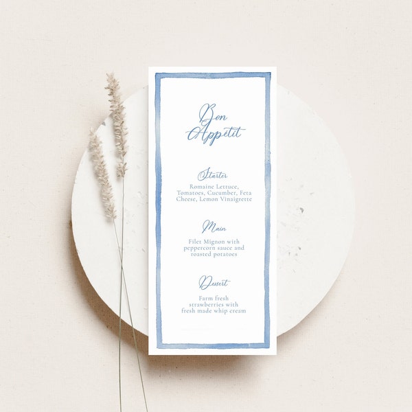 Watercolor Blue Frame Dinner Menu TEMPLATE, Light Blue Watercolor Frame, Long Modern Menu, Printable, Wedding Menu Card, Look of Custom, 4x9