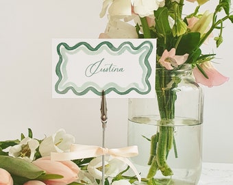 Watercolor Scallop Place Card TEMPLATE/ Sage Green Squiggle / Modern Wavy / Printable / Wedding Name Card/ Flat And Fold Over / 2x3.5