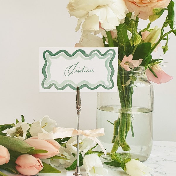 Watercolor Scallop Place Card TEMPLATE/ Sage Green Squiggle / Modern Wavy / Printable / Wedding Name Card/ Flat And Fold Over / 2x3.5