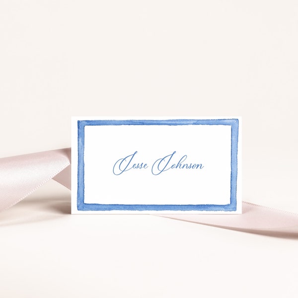 Light Blue Watercolor Frame Place Card Template, Name Card, Blue and white, Printable Place Card, Calligraphy, Look of Custom, 2x3.5
