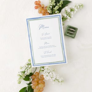 Modèle de menu pour le dîner aquarelle avec cadre bleu et vert, cadre aquarelle clair, menu moderne, imprimable, carte de menu de mariage, 5 x 7