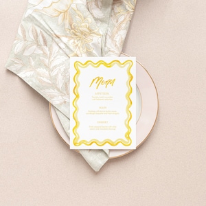 MODELLO di menu con bordo smerlato giallo, cartello con barra ad acquerello loopy, scarabocchio, menu cena stampabile, carta menu di nozze, 5x7