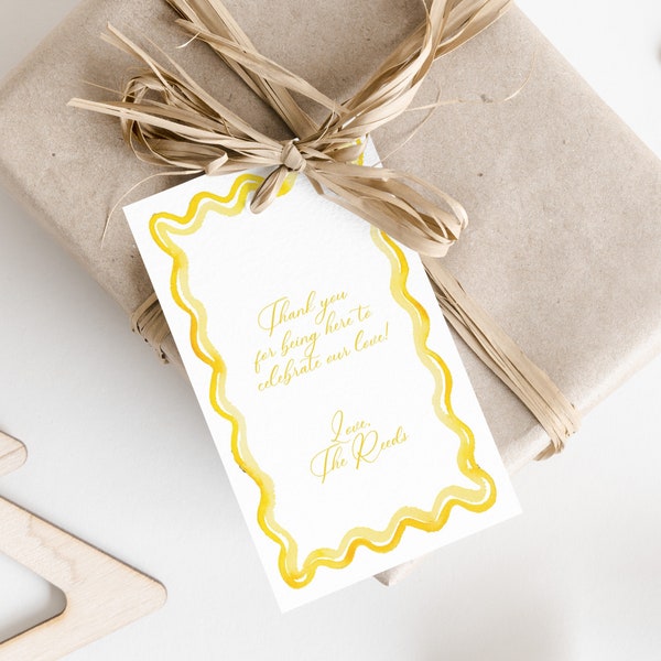 Yellow Watercolor Squiggle Gift Tag TEMPLATE, Watercolor frame, Gift tag printable, Wedding Gift Tag, 2x3.5