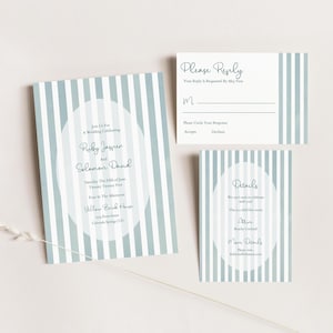 Striped Wedding Invitation TEMPLATE, Light Blue Green Watercolor Line Pattern,  Modern, Printable Invitation Suite, Retro Feel 3 Piece suite