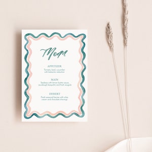 Plantilla de menú de cena garabato de color verde azulado y rubor de acuarela, menú de vieira, acuarela, ondulado moderno, menú imprimible, tarjeta de menú de boda, 5x7