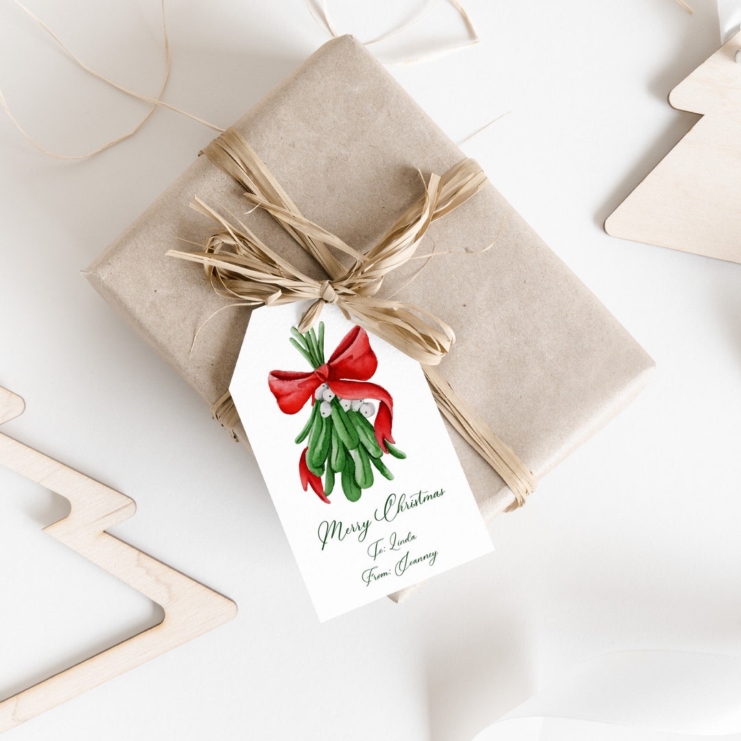 Mistletoe Gift Tag TEMPLATE, Printable Christmas Gift Tags, Watercolor ...