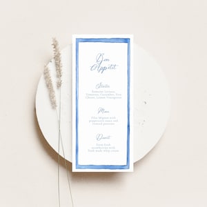 Aquarel blauw frame diner menu sjabloon, lichtblauw aquarel frame, lang modern menu, afdrukbaar, bruiloft menukaart, uiterlijk van aangepaste, 4 x 9