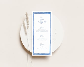 Watercolor Blue Frame Dinner Menu TEMPLATE, Light Blue Watercolor Frame, Long Modern Menu, Printable, Wedding Menu Card, Look of Custom, 4x9