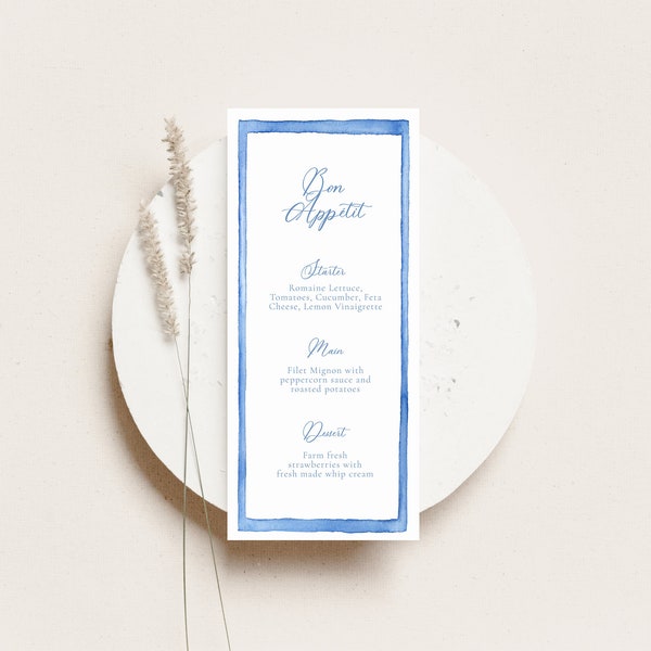 Watercolor Blue Frame Dinner Menu TEMPLATE, Light Blue Watercolor Frame, Long Modern Menu, Printable, Wedding Menu Card, Look of Custom, 4x9