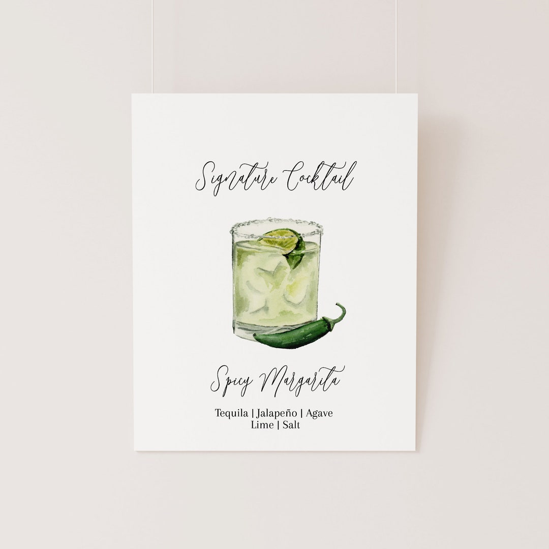 Spicy Margarita Watercolor Bar Menu TEMPLATE, Signature Cocktail Sign, Spicy Margarita Signature ...