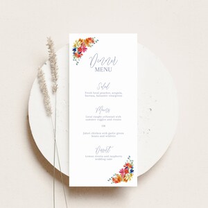 Wedding Menu Template, Printable Menu Card, Wildflower themed Dinner Menu, Menu card template, Boho Wedding Menu, 4x9