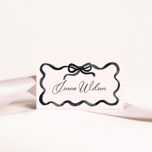 Plantilla de tarjeta de lugar de vieira de acuarela, tarjeta de lugar de boda, descarga instantánea, lazo negro, garabato negro, tarjeta de lugar de boda imprimible, 2x3.5
