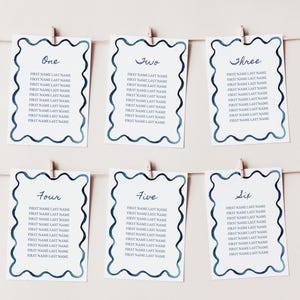 Schede di assegnazione dei posti a sedere, cartello modificabile per l'assegnazione dei tavoli, motivo ondulato blu indaco, bordo ondulato, stampabile, azzurro, 5x7