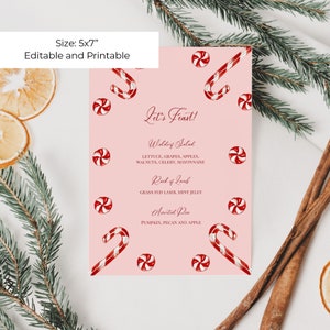 Candy Cane Christmas Dinner Menu TEMPLATE, Holiday Dinner Menu Printable, Christmas Menu Card, Watercolor Candy Cane Christmas, 5x7 image 2