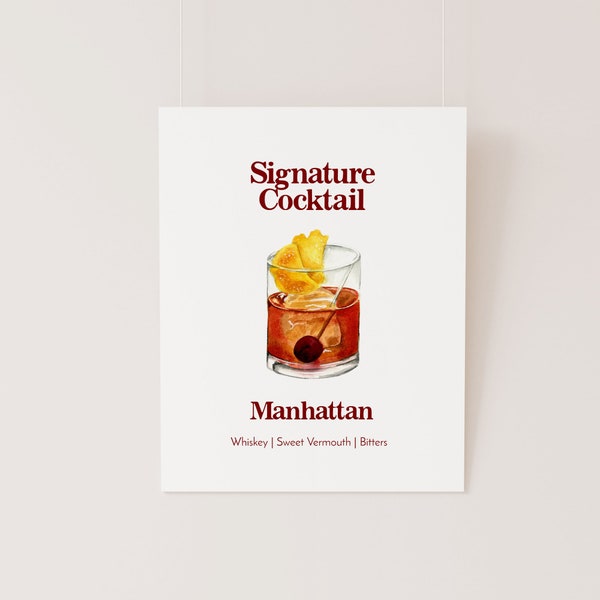 Manhattan Cocktail Template, Manhattan Watercolor Bar Menu, Signature Drink Menu, Retro Style Bar Menu, Instant Download, 8x10 bar menu