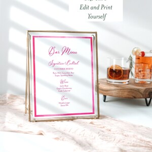 Menu Sign Pink Watercolor Pink Frame Bar Menu Template: Modern Wedding Sign (8x10 ...