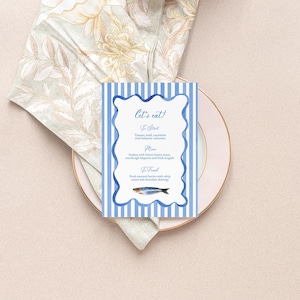 Menu de jantar Vieira e fundo listrado, MODELO, Sardinha ilustrada, Rabisco, Para impressão, Cartão de menu de casamento, Casamento na Itália 5x7